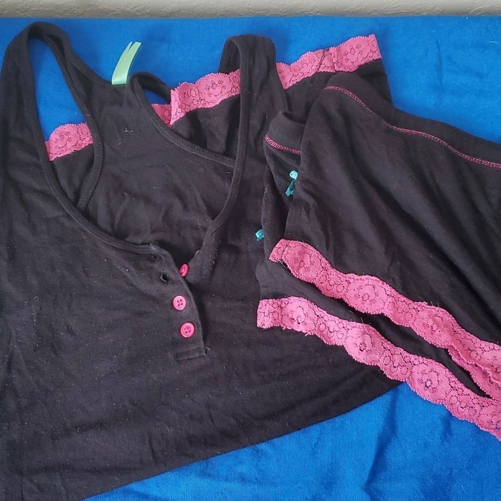 Honeydew Intimates Black Pink Lace Trim Pajama Cami Short 2 piece Set L**